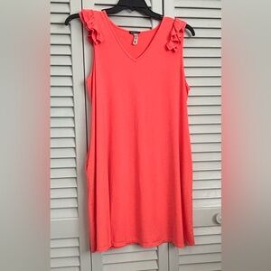 HEIMISH USA Coral Ruffle Shoulder Midi Dress